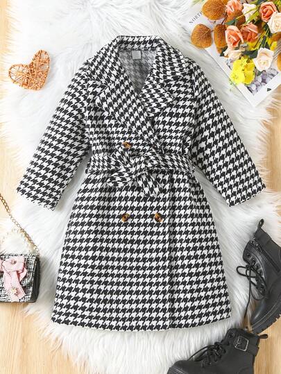 SHEIN Elladie kids معطف طباعة نقش مسنن صف ازرار مزدوجة حزام تويد قطعة واحدة بنت طفل