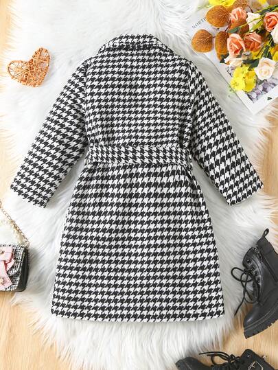 SHEIN Elladie kids معطف طباعة نقش مسنن صف ازرار مزدوجة حزام تويد قطعة واحدة بنت طفل