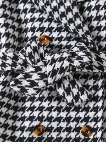 SHEIN Elladie kids معطف طباعة نقش مسنن صف ازرار مزدوجة حزام تويد قطعة واحدة بنت طفل