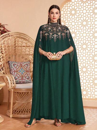 رمضان عباءة نسائية فضفاضة للاستخدام اليومي، ياقة صغيرة، تفاصيل تريم متباينة، زخرفة مطرزة، متعددة الاستخدامات للمناسبات - المهرجانات ، الكاجوال ، الاستخدام اليومي ، ناعمة وصديقة للبشرة