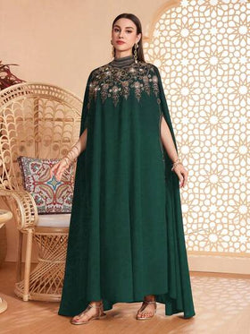 رمضان عباءة نسائية فضفاضة للاستخدام اليومي، ياقة صغيرة، تفاصيل تريم متباينة، زخرفة مطرزة، متعددة الاستخدامات للمناسبات - المهرجانات ، الكاجوال ، الاستخدام اليومي ، ناعمة وصديقة للبشرة