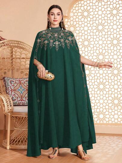 رمضان عباءة نسائية فضفاضة للاستخدام اليومي، ياقة صغيرة، تفاصيل تريم متباينة، زخرفة مطرزة، متعددة الاستخدامات للمناسبات - المهرجانات ، الكاجوال ، الاستخدام اليومي ، ناعمة وصديقة للبشرة