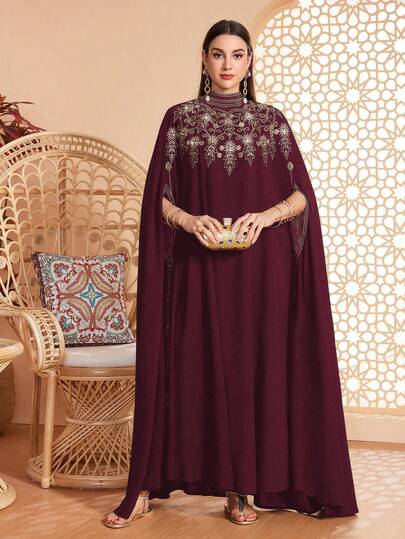 رمضان عباية نسائية فضفاضة للارتداء اليومي العادي، ياقة صغيرة، تفاصيل تريم متباينة، زخرفة مطرزة، مناسبة لمناسبات متنوعة - الأعياد والأحداث العادية واليومية، ناعمة وصديقة للبشرة