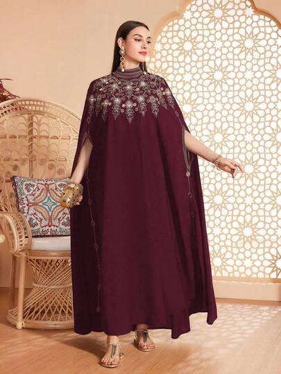 رمضان عباية نسائية فضفاضة للارتداء اليومي العادي، ياقة صغيرة، تفاصيل تريم متباينة، زخرفة مطرزة، مناسبة لمناسبات متنوعة - الأعياد والأحداث العادية واليومية، ناعمة وصديقة للبشرة