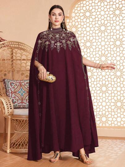 رمضان عباية نسائية فضفاضة للارتداء اليومي العادي، ياقة صغيرة، تفاصيل تريم متباينة، زخرفة مطرزة، مناسبة لمناسبات متنوعة - الأعياد والأحداث العادية واليومية، ناعمة وصديقة للبشرة
