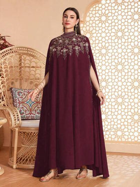 رمضان عباية نسائية فضفاضة للارتداء اليومي العادي، ياقة صغيرة، تفاصيل تريم متباينة، زخرفة مطرزة، مناسبة لمناسبات متنوعة - الأعياد والأحداث العادية واليومية، ناعمة وصديقة للبشرة