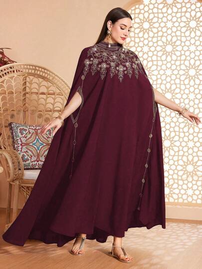 رمضان عباية نسائية فضفاضة للارتداء اليومي العادي، ياقة صغيرة، تفاصيل تريم متباينة، زخرفة مطرزة، مناسبة لمناسبات متنوعة - الأعياد والأحداث العادية واليومية، ناعمة وصديقة للبشرة