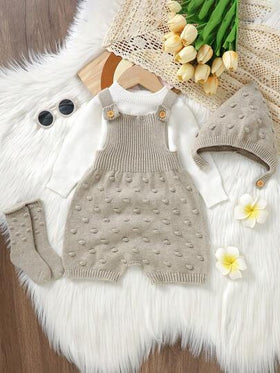SHEIN جمبسوت رضيع ولد قطعة واحدة محبوكة بلون أحادي، كاجوال للخريف/الشتاء