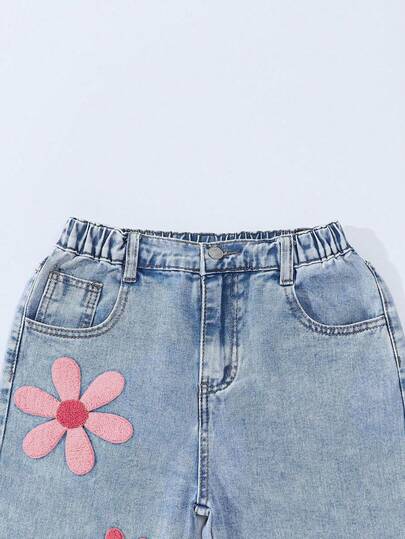 SHEIN ChillGRL بنطلون جينز واسع الساق مطرز مهترئ للفتيات المراهقات، جينز مغسول بطريقة عتيقة، طراز Y2K، كاجوال، جميل، رجعي 2000، بوهيمي، ملابس الشارع، تطريز زهري، قصة فضفاضة