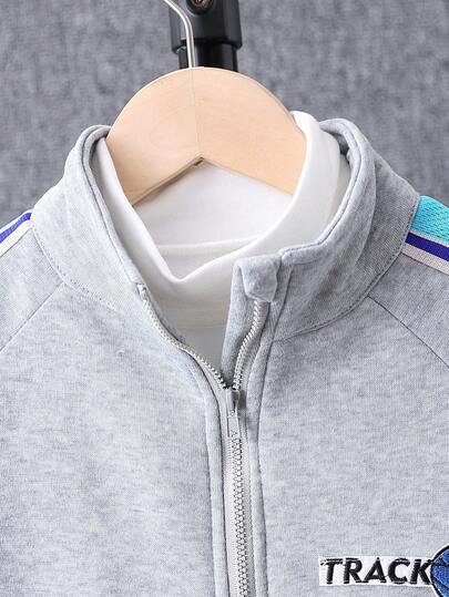 SHEIN Vacaura سترة للأولاد بأكمام راجلان وشريط متباين برسومات جرافيك وبنطلون رياضي بدون تي شيرت