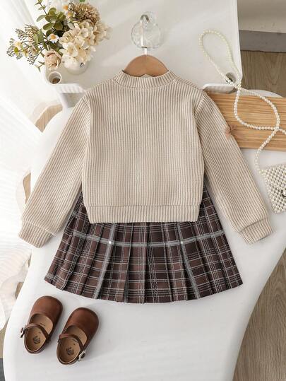 Elladie kids كارديجان محبوك كاجوال للبنات للاستخدام اليومي مع فيونكة، مع تنورة مربعة النمط، طقم من قطعتين للخريف/الشتاء لموسم المدرسة، نسيج مجعد، طراز كولومبي
