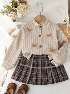 Elladie kids كارديجان محبوك كاجوال للبنات للاستخدام اليومي مع فيونكة، مع تنورة مربعة النمط، طقم من قطعتين للخريف/الشتاء لموسم المدرسة، نسيج مجعد، طراز كولومبي
