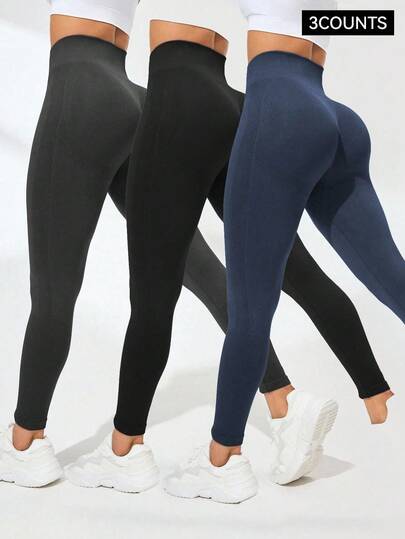 SHEIN Velisys 3 حزمة من سراويل الرياضة ذات الخصر العالي المرن والقابل للتنفس للنساء، سراويل اليوغا، سراويل تحكم في البطن، سراويل خالية من الغرز