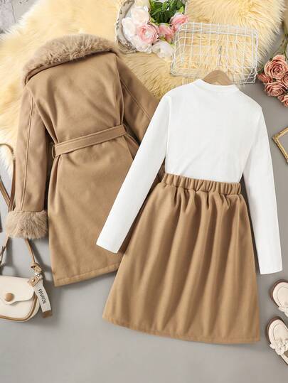 SHEIN معطف ريترو فرنسي من الصوف الناعم للفتيات المراهقات، مع قميص كم طويل مضلع وتنورة صوفية قصيرة على شكل حرف A، قطعة مريحة وفضفاضة للارتداء اليومي في فصلي الخريف والشتاء، للذهاب إلى العمل، للخروج، للحفلات، وللتصوير الفوتوغرافي