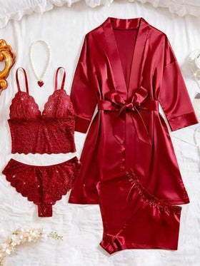 SHEIN 5 قطع مجموعة ملابس نوم للنساء، بيجامة أنيقة من الدانتيل والألوان موحد اللون - توب شفاف بياقة على شكل حرف V، سروال مثلث، شورت من الساتان، روب بأكمام طويلة مع حزام، ملابس منزلية للنساء