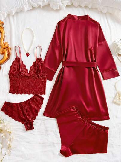 SHEIN 5 قطع مجموعة ملابس نوم للنساء، بيجامة أنيقة من الدانتيل والألوان موحد اللون - توب شفاف بياقة على شكل حرف V، سروال مثلث، شورت من الساتان، روب بأكمام طويلة مع حزام، ملابس منزلية للنساء
