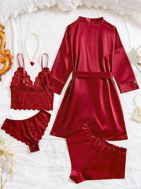 SHEIN 5 قطع مجموعة ملابس نوم للنساء، بيجامة أنيقة من الدانتيل والألوان موحد اللون - توب شفاف بياقة على شكل حرف V، سروال مثلث، شورت من الساتان، روب بأكمام طويلة مع حزام، ملابس منزلية للنساء