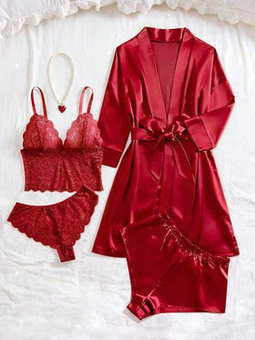 SHEIN 5 قطع مجموعة ملابس نوم للنساء، بيجامة أنيقة من الدانتيل والألوان موحد اللون - توب شفاف بياقة على شكل حرف V، سروال مثلث، شورت من الساتان، روب بأكمام طويلة مع حزام، ملابس منزلية للنساء