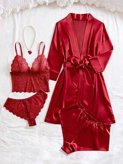 SHEIN 5 قطع مجموعة ملابس نوم للنساء، بيجامة أنيقة من الدانتيل والألوان موحد اللون - توب شفاف بياقة على شكل حرف V، سروال مثلث، شورت من الساتان، روب بأكمام طويلة مع حزام، ملابس منزلية للنساء