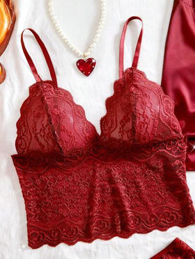 SHEIN 5 قطع مجموعة ملابس نوم للنساء، بيجامة أنيقة من الدانتيل والألوان موحد اللون - توب شفاف بياقة على شكل حرف V، سروال مثلث، شورت من الساتان، روب بأكمام طويلة مع حزام، ملابس منزلية للنساء