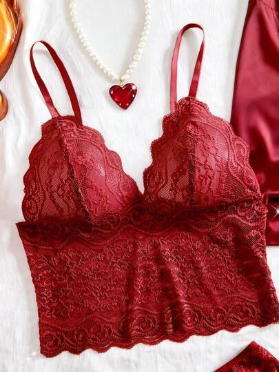 SHEIN 5 قطع مجموعة ملابس نوم للنساء، بيجامة أنيقة من الدانتيل والألوان موحد اللون - توب شفاف بياقة على شكل حرف V، سروال مثلث، شورت من الساتان، روب بأكمام طويلة مع حزام، ملابس منزلية للنساء