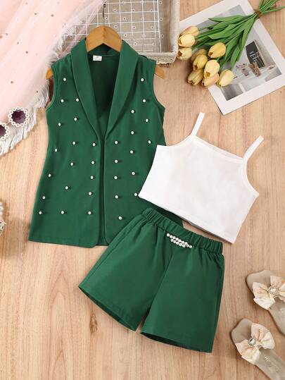 SHEIN Elladie kids 3 قطع طقم رسمي للبنات: بليزر وردي، قميص كنزة، شورت مزين باللؤلؤ، طقم صيفي أنيق وعصري