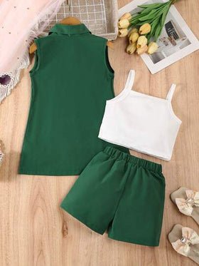 SHEIN Elladie kids 3 قطع طقم رسمي للبنات: بليزر وردي، قميص كنزة، شورت مزين باللؤلؤ، طقم صيفي أنيق وعصري