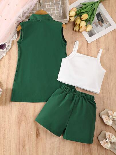 SHEIN Elladie kids 3 قطع طقم رسمي للبنات: بليزر وردي، قميص كنزة، شورت مزين باللؤلؤ، طقم صيفي أنيق وعصري