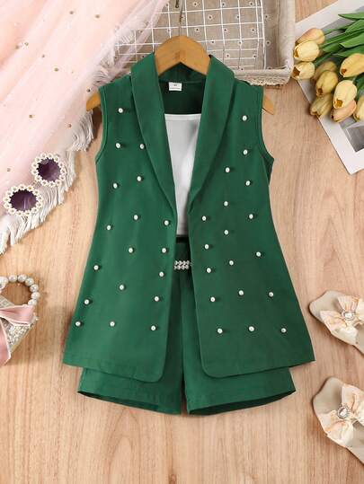 SHEIN Elladie kids 3 قطع طقم رسمي للبنات: بليزر وردي، قميص كنزة، شورت مزين باللؤلؤ، طقم صيفي أنيق وعصري