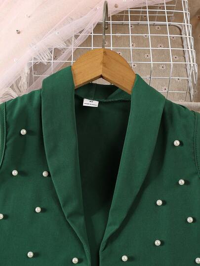 SHEIN Elladie kids 3 قطع طقم رسمي للبنات: بليزر وردي، قميص كنزة، شورت مزين باللؤلؤ، طقم صيفي أنيق وعصري