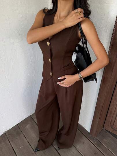 Sweetra بدلة طويلة كاجوال مريحة من الكوردروي مع إبزيم معدني غير متماثل، مناسبة للخريف، لون بني