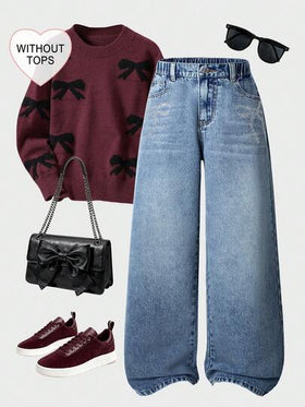 SHEIN ChillGRL جينز واسع الساق مهترئ مرصع بالراين بتصميم فراشة مناسب للبنات المراهقات، مناسب للخروجات العادية في فصلي الخريف والشتاء، المدرسة، الحفلات، موسم العودة إلى المدرسة، جينز واسع الساق فضفاض Y2K أصدقاء الكرز