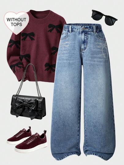 SHEIN ChillGRL جينز واسع الساق مهترئ مرصع بالراين بتصميم فراشة مناسب للبنات المراهقات، مناسب للخروجات العادية في فصلي الخريف والشتاء، المدرسة، الحفلات، موسم العودة إلى المدرسة، جينز واسع الساق فضفاض Y2K أصدقاء الكرز