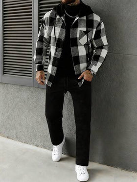 Manfinity CasualCool بدلة رياضية كاجوال للرجال مكونة من جاكيت ذات كم طويل مزودة بقلنسوة وبنطال، بتصميم مربعات بسيط وأنيق