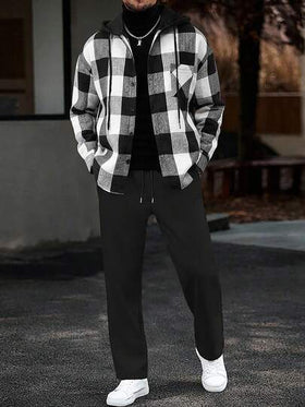 Manfinity CasualCool بدلة رياضية كاجوال للرجال مكونة من جاكيت ذات كم طويل مزودة بقلنسوة وبنطال، بتصميم مربعات بسيط وأنيق
