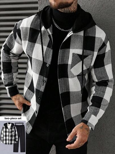 Manfinity CasualCool بدلة رياضية كاجوال للرجال مكونة من جاكيت ذات كم طويل مزودة بقلنسوة وبنطال، بتصميم مربعات بسيط وأنيق