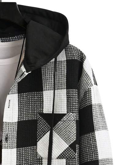 Manfinity CasualCool بدلة رياضية كاجوال للرجال مكونة من جاكيت ذات كم طويل مزودة بقلنسوة وبنطال، بتصميم مربعات بسيط وأنيق
