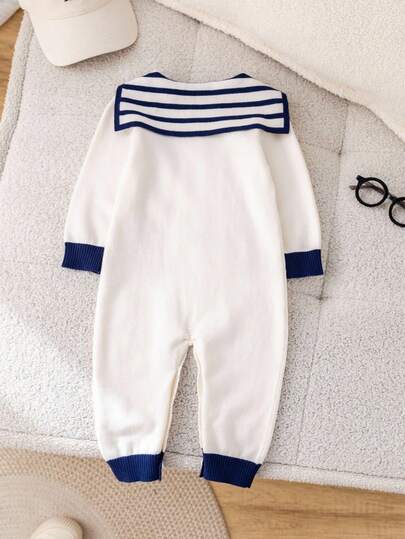 SHEIN رومبير رومبر بأكمام طويلة مخططة باللون الأزرق الكحلي للأطفال الرضع، ملابس أطفال للخريف والشتاء