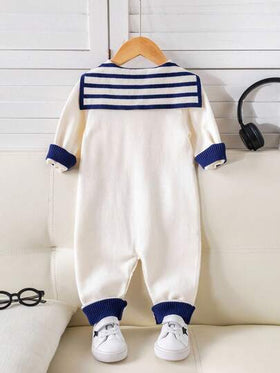 SHEIN رومبير رومبر بأكمام طويلة مخططة باللون الأزرق الكحلي للأطفال الرضع، ملابس أطفال للخريف والشتاء