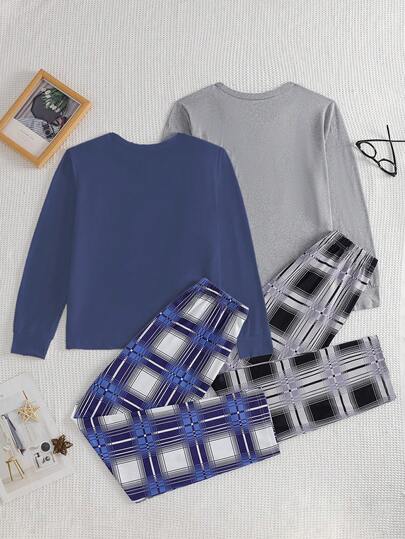 SHEIN طقمان من بيجامات الأولاد، تتميز بقمصان بأكمام طويلة باللون الرمادي الفاتح والأزرق الكحلي مع رسومات مربعات رمادية وبيضاء، وبنطلونات فضفاضة باللون الأزرق الكحلي، من قماش مرن قابل للغسل في الغسالة، بتصميم مريح، مجموعة ملابس متطابقة للعائلة (يباع الطقما
