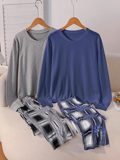 SHEIN طقمان من بيجامات الأولاد، تتميز بقمصان بأكمام طويلة باللون الرمادي الفاتح والأزرق الكحلي مع رسومات مربعات رمادية وبيضاء، وبنطلونات فضفاضة باللون الأزرق الكحلي، من قماش مرن قابل للغسل في الغسالة، بتصميم مريح، مجموعة ملابس متطابقة للعائلة (يباع الطقما