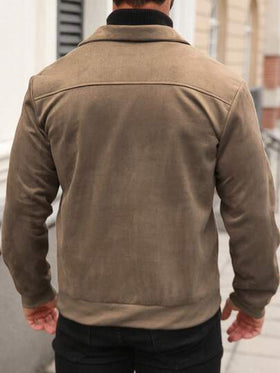 Manfinity CasualCool جاكيت طويلة الأكمام من الجلد الأحادية اللون بتصميم بسيط للاستخدام اليومي للرجال