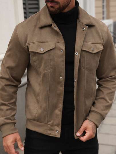 Manfinity CasualCool جاكيت طويلة الأكمام من الجلد الأحادية اللون بتصميم بسيط للاستخدام اليومي للرجال