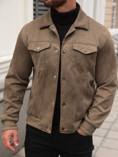 Manfinity CasualCool جاكيت طويلة الأكمام من الجلد الأحادية اللون بتصميم بسيط للاستخدام اليومي للرجال