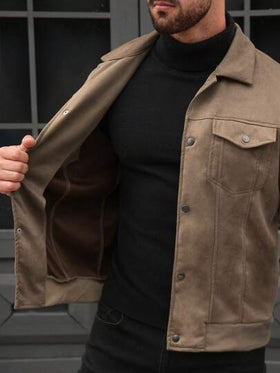 Manfinity CasualCool جاكيت طويلة الأكمام من الجلد الأحادية اللون بتصميم بسيط للاستخدام اليومي للرجال