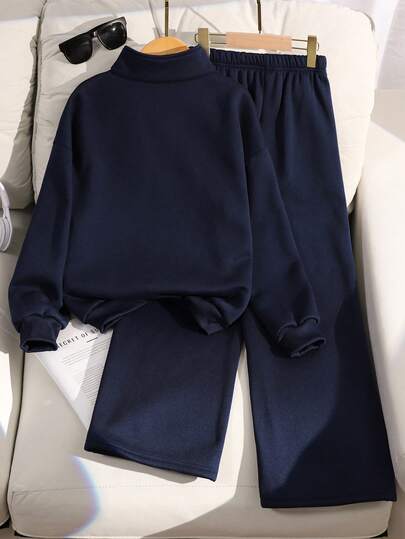 SHEIN مجموعة ملابس كاجوال للفتيات المراهقات، بلوزة بياقة مزيّنة وسحّاب وأكمام طويلة مع بنطال رياضي واسع وفضفاض، بدلة رياضية للارتداء اليومي والتمارين الرياضية