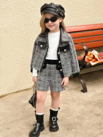 SHEIN Elladie kids طقم ملابس شتوي للفتيات الصغيرات يتكون من جاكيت أكمام طويلة بتصميم جيب وهمي باللونين الأسود والأبيض مع شورت رياضي مريح