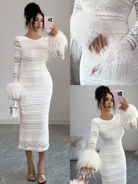 Modelyn رمضان فستان طويل أنيق للنساء بياقة دائرية مزين بفرو صناعي بيج للشتاء