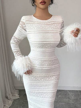 Modelyn رمضان فستان طويل أنيق للنساء بياقة دائرية مزين بفرو صناعي بيج للشتاء