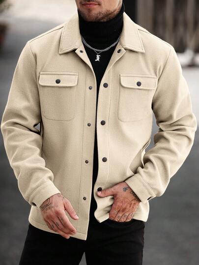 Manfinity Homme معطف صوفي مخلوط عادي بأكمام طويلة وأزرار أمامية للرجال